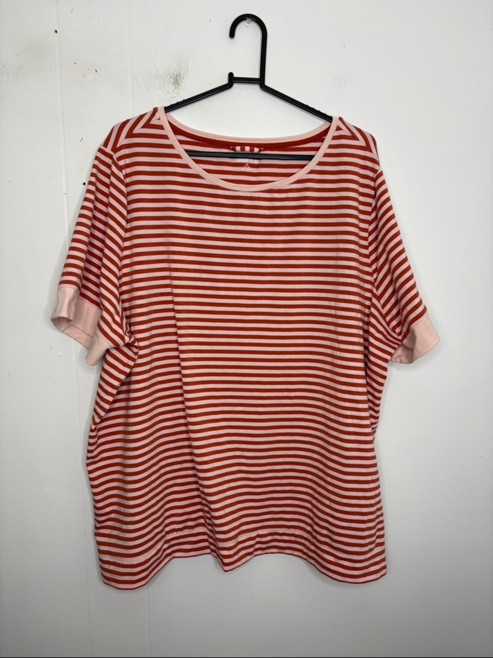 Lands End Top Womens 2X Red Pink Striped Tee Split Hem Casual Classic comfy